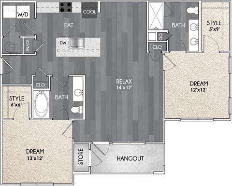Floor plan for 2 beds, 2 baths, 1142 sqft